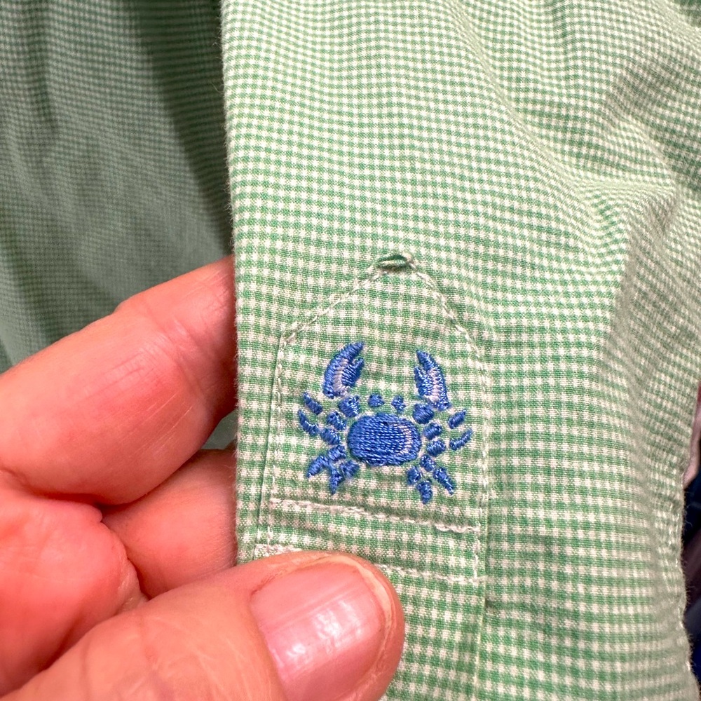Coast Pawleys Island Gingham Green Dress Shirt Lightweight Button-Down w/Crab